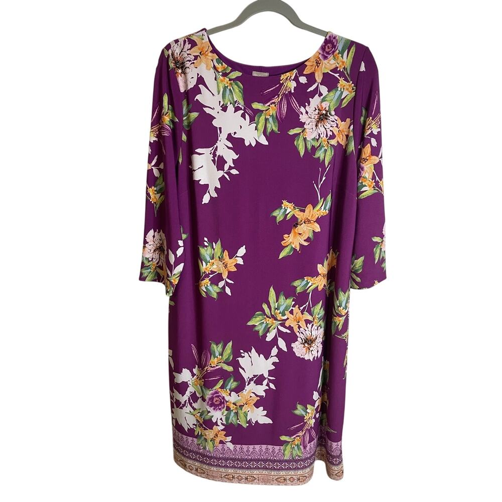 Chico’s Floral Purple Dress Sz 2 (12/14) Lined 3/4 Sleeves Border Hem Career
